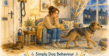 Dog restless after a walk, pacing near the window while owner watches from the sofa