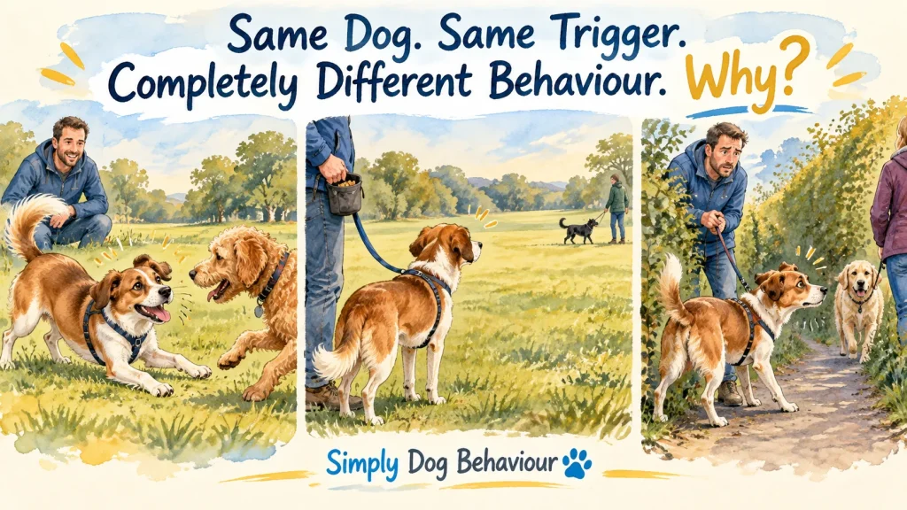 Dog reactive on lead – same dog, three different walking situations