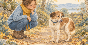 Owner calmly reading dog stress signals from her dog on a woodland walk