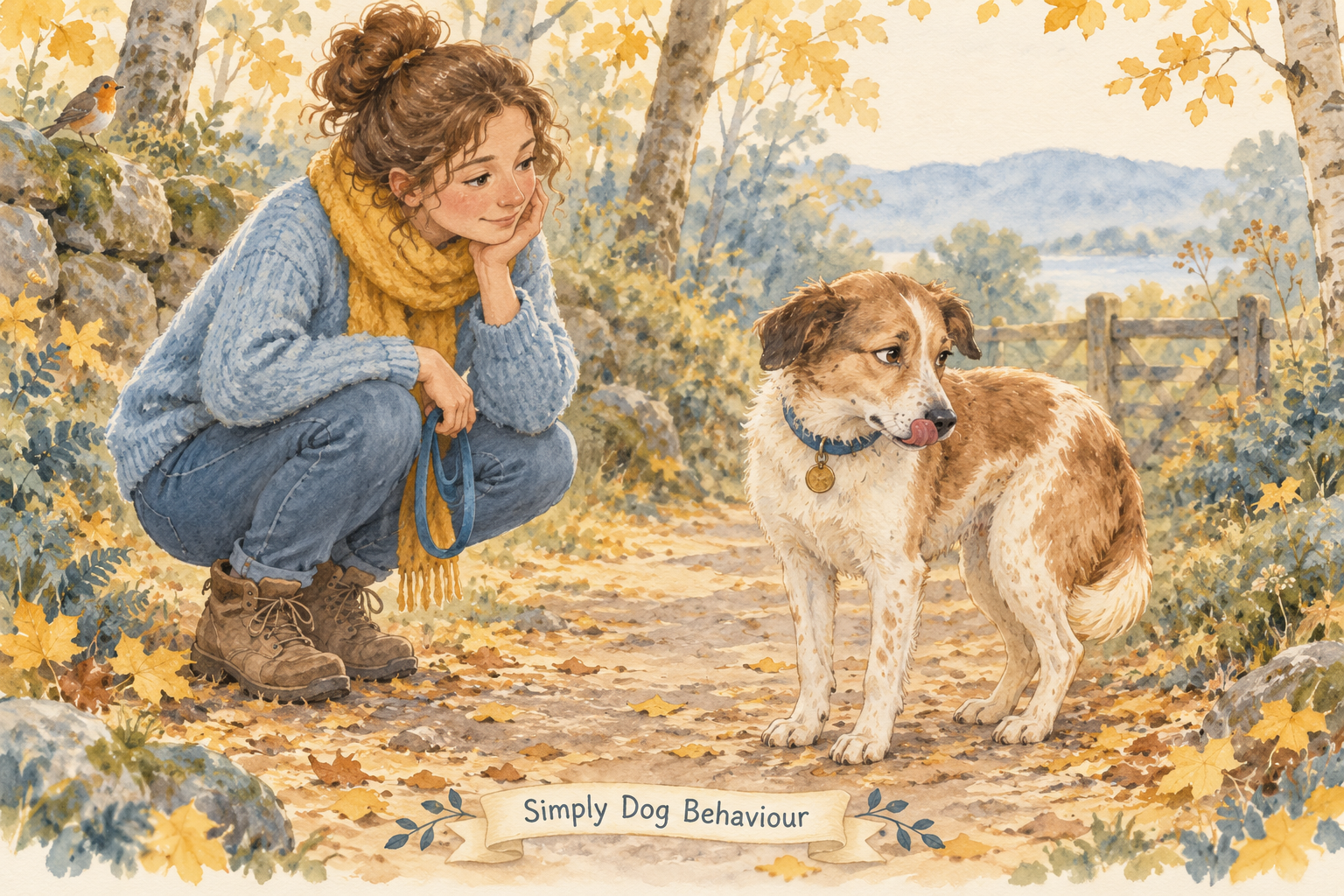 Owner calmly reading dog stress signals from her dog on a woodland walk